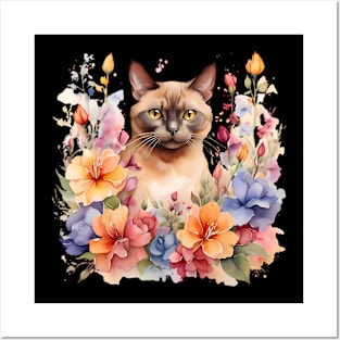 A burmese cat decorated with beautiful watercolor flowers Posters and Art